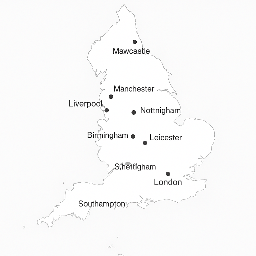Map of England with major cities